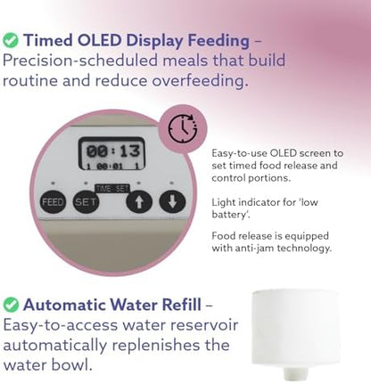 Feeding Friend® Automatic Dog & Cat Food Feeder with Water Dispenser, Smart Pet Feeder with Portion Control, OLED Display, Anti-Jam Design, Battery Operated, Medium Pets 15–30 lbs, Taupe