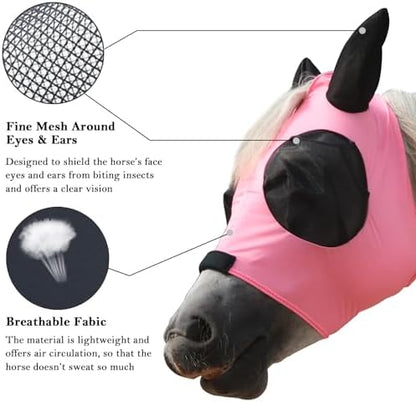Stretchy Horse Fly Mask with Ears, Large Eye Space Pink Full