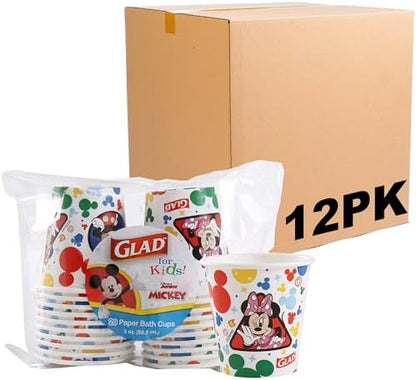 Glad for Kids Disney Mickey & Friends Disposable Mini Paper Cups - Colorful Heavy Duty, Soak Proof, Bathroom Mouse Rinse Cups for Kids, 3 Ounce, 20 Count - 12 Pack