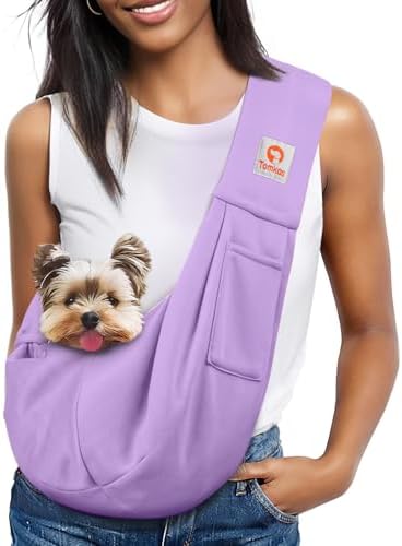 Tomkas Small Dog Cat Sling Carrier Puppy Purse Travel Wrap Soft Crossbody Pet Bag (Light purplr, M - Classic Pocket & Classic Strap)