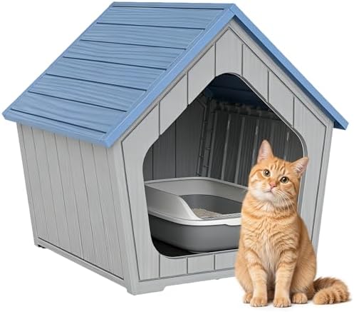 Cat Litter Box Enclosure, Hidden Covered Litter Box Furniture with Air Holes, Resin Outdoor Cat House Weatherproof, Wide Opening Design for Easy Cleaning, Blue