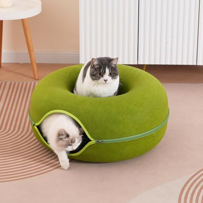 Large Cat Tunnel Bed for Indoor Cats with 3 Toys, Scratch Resistant Donut Cat Bed, Up to 30 Lbs (L 24x24x11, Green)