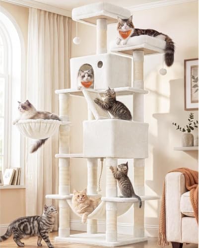 Feandrea Cat Tree, 81.1-in Large Cat Tower, Multi-Level Condo, Cream White