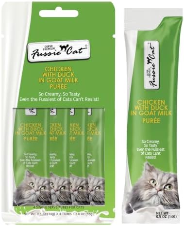Fussie Cat Super Premium Chicken with Duck in Goat Milk Puree, lickable cat Treats, 0.5oz Pouch Pack of 4
