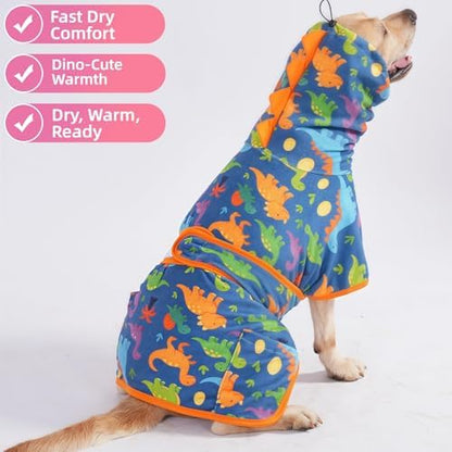 LovinPet 3-in-1 Dog Warm Winter Coat & Bathrobe, Dinosaur Teal Blue, 2XL