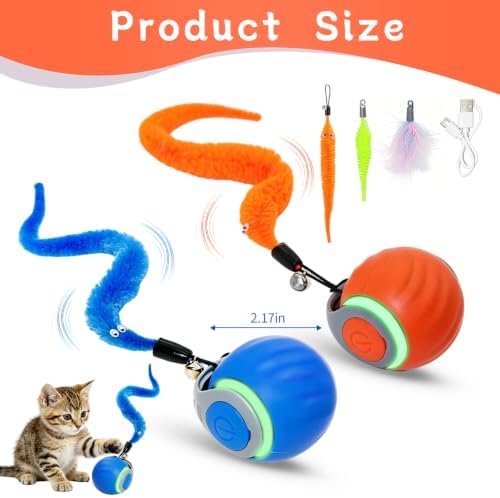 Interactive Cat Toy Ball - Automatic Moving Cat Ball for Indoor Cats with 3 Tails, Rechargeable Silent Kitten Toy for Boredom & Exercise, Rolling Ball Toy with 2 Modes & 2 Speeds.