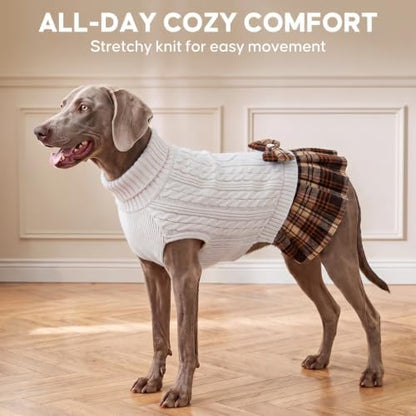 KYEESE Dog Sweaters Dress with Leash Hole with Bowtie Turtleneck Red Dog Knitwear Plaid Pattern Warm Pet Sweater for Medium Dogs White,(XX-Large (Pack of 1))