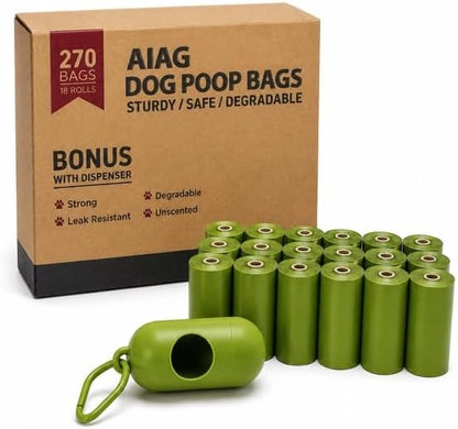 Dog Poop Bags Rolls with 1 Dispenser 270 Count (18 Rolls, 15 Bags per Roll), Leakproof, Unscented, Includes Leash Clip, Thick Strong, 8.5"W x 11.5"L