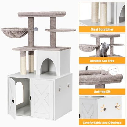 Snughome Cat Litter Box Enclosure with Cat Tree Tower and Condo, Hidden Washroom Furniture with Sisal Scratching Post and Soft Plush Perch, Wooden Cat Furniture with Multiple Platforms, White
