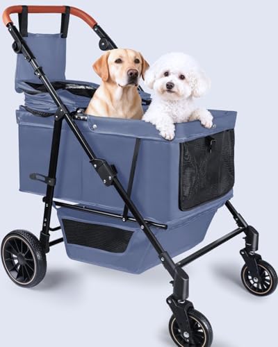 Dog Stroller for Medium & Large Dogs Up to 66 lbs, Pet Stroller for 2 Small Dogs with Adjustable Handle & Canopy, Sun Shades, Storage Organizer, Foldable & Ventilated,Navy Blue