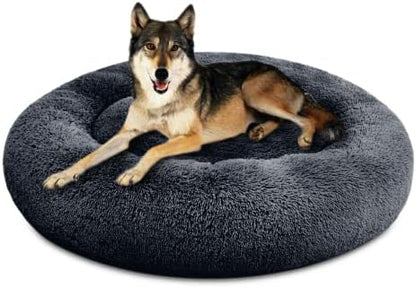 SAVFOX 45 inches Calming Donut Dog Bed - 3X Durable Plush Faux Fur, Machine Washable & Non-Slip, Fits up to 150 lbs, Dark Grey
