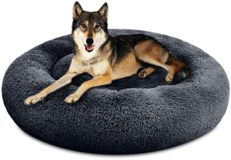SAVFOX 45 inches Calming Donut Dog Bed - 3X Durable Plush Faux Fur, Machine Washable & Non-Slip, Fits up to 150 lbs, Dark Grey
