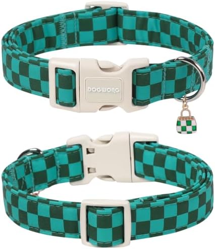 DOGWONG Green Checked Dog Collar, Green Plaid Pretty Cute Girl Dog Collar,Girl Boy Dogs Collars for Small Medium Dogs, Neck 11-16 inches