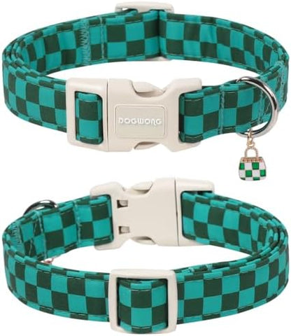 DOGWONG Green Checked Dog Collar, Green Plaid Pretty Cute Girl Dog Collar,Girl Boy Dogs Collars for Small Medium Dogs, Neck 14-21 inches