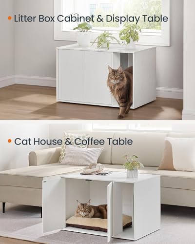 SONGMICS Home Cat Litter Box Enclosure, Snapsemble Superfast Assembly, Cat House for Large Cats, Display Side Table, Push-to-Open Doors, Minimalist Modern, Set of 2, Snow White UPCL013W01-2J