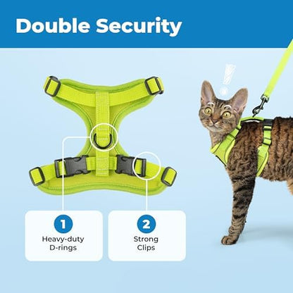 Voyager Escape-Proof Step-in Lock Cat Harness & 5ft Neoprene-Handle Leash Set All-Weather Mesh with Reflective Stitching for Small to Large Cats by Best Pet Supplies, Lime (327), XXS