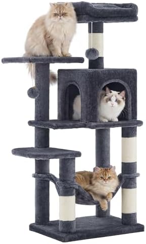 SONGMICS HOME Cat Tree for Indoor Cats, Multi-Level Tower Condo with Sisal Scratching Posts, Hammock and Condo, Dark Gray