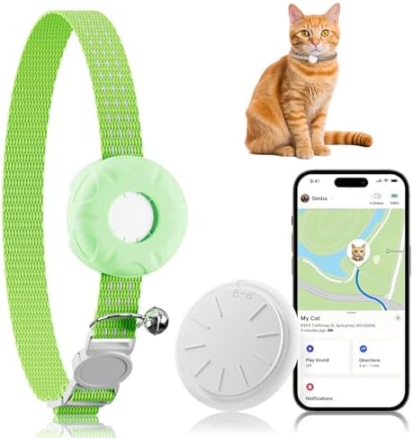 Cat GPS Tracker, Cat Tracker Compatible with Apple Find My App (Only iOS), No Monthly Fee, Waterproof, Breakaway Collar Included, Up to 1 Year Battery, Green