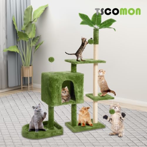 52inch Large Cat Tree Tower Condo with Hammock for Indoor Cats, Soft Plush Multi-Level Climbing Tree Cat House with Cat Cave, Scratching Post, Sisal Rope, Green