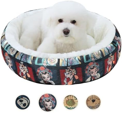 Circular Calming Dog & Cat Bed Anti-Anxiety Washable with Anti Slip Backing Donut Cuddler with Cute Jacquard Patterns for Cat and Small Puppy (Small-23in, Peking Opera)