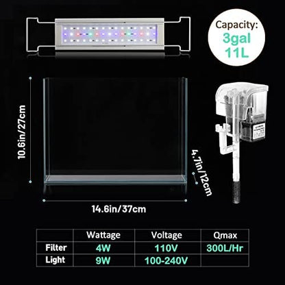 LAQUAL Rimless Glass Aquarium Starter Kit (3 Gal), Ultra Clear Low Iron Glass Fish Tank Set, Small Beta Fish Tank & Filter with Surface Skimmer & 3-Mode LED Light