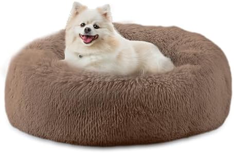 Bunlitent 23 inch Calming Dog Bed, Donut Dog Bed for Small Sized Dog, Brown