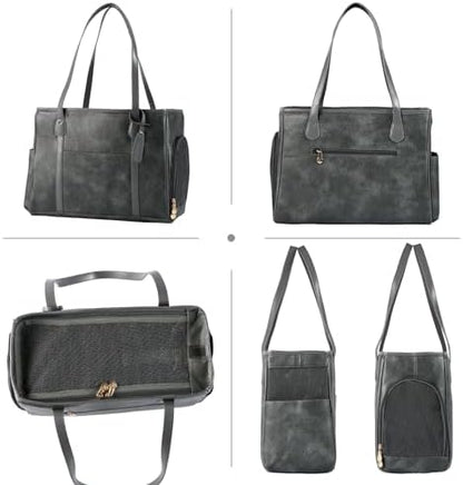 Stylish Dog Purse Carrier, Leather Pet Carrier Bag for Small Dogs Cats Puppy, Airline Approved Soft-Sided Carrier Grey
