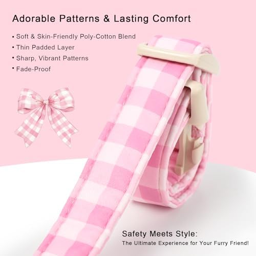 Girl Dog Collar Pink Gingham Dog Collars for Giant Large Dogs - Lightweight Adjustable Spring/Summer Plaid Male Female Dogs Everyday Collar with Safety Buckle XL