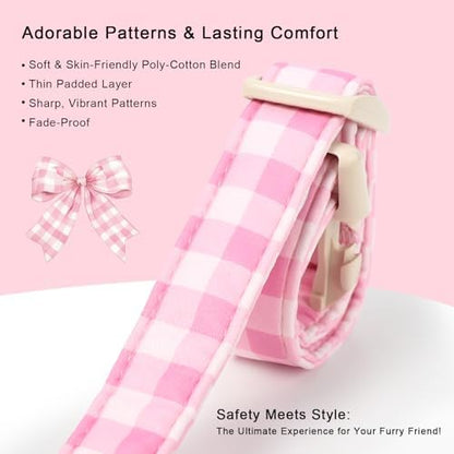 Girl Dog Collar Pink Gingham Dog Collars for Small Dogs - Lightweight Adjustable Spring/Summer Plaid Male Female Dogs Everyday Collar with Safety Buckle S