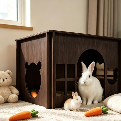 Large Sturdy Wooden Rabbit Castle Hideout with Spacious Balcony, Detachable Bunny Playhouse Hideaway Cage Accessories, Indoor Habitat Toys for Guinea Pig Chinchilla Hamster Gerbil Small Animals