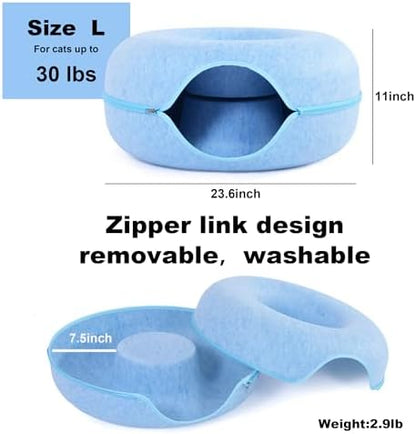 Large Cat Tunnel Bed for Indoor Cats with 3 Toys, Scratch Resistant Donut Cat Bed, Up to 30 Lbs (L 24x24x11, Blue)