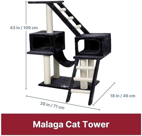 TRIXIE Malaga Cat Tower – Cat Tree with Extra-Thick Sisal Posts, Caves, Platforms & Hammock – Durable Cat Furniture for Indoor Cats – Gray, 18" x 28" x 43"