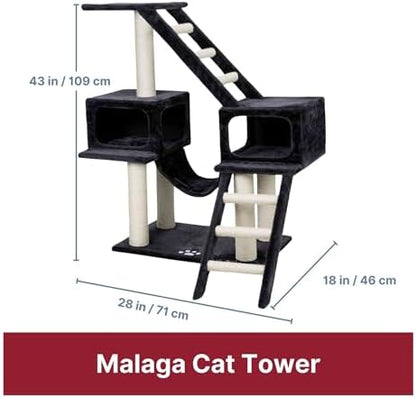 TRIXIE Malaga Cat Tower – Cat Tree with Extra-Thick Sisal Posts, Caves, Platforms & Hammock – Durable Cat Furniture for Indoor Cats – Gray, 18" x 28" x 43"