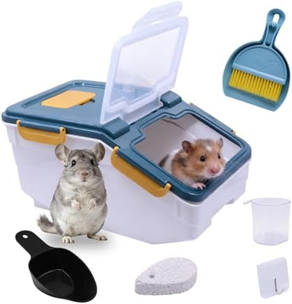 Saim Extra Large Chinchilla Sand Bath Container, 7.4-Inch Hight Dust Bath House with Low-Mess Lid & Scoop, Digging Box for Hamster Hedgehog Small Animals - Blue