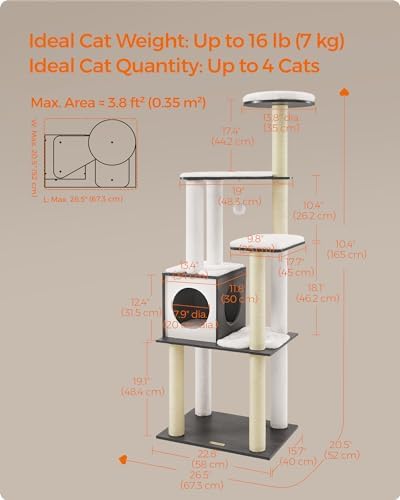 Feandrea Cat Tree, 65-Inch Multi-Level Tower with 5 Scratching Posts