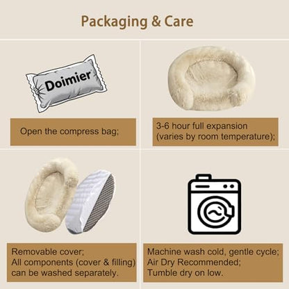 Calming Dog & Cat Beds with Orthopedic Egg-Crate Foam Raised Rim, Soft Fluffy Faux Fur Pet Bed for Small Medium Dogs, Anxiety Relief Spine Support, Machine Washable Cover (Round, Beige 20")