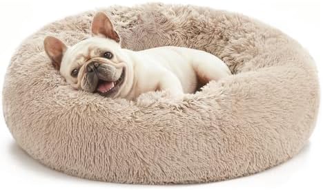 Love's cabin Calming Cat Bed for Indoor Cats, Anti-Anxiety Donut Round Dog Bed,Fluffy Faux Fur Washable Pet Bed for Small Medium Dogs and Cats, Taupe, 24in