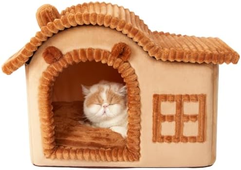 Jiupety Bear Cat Houses for Indoor Cats, Chimney Cute Cat Bed Cave, Enough Interior Space, Cartoon Soft Pet House Up to 3-15 lbs Puppy, Brown