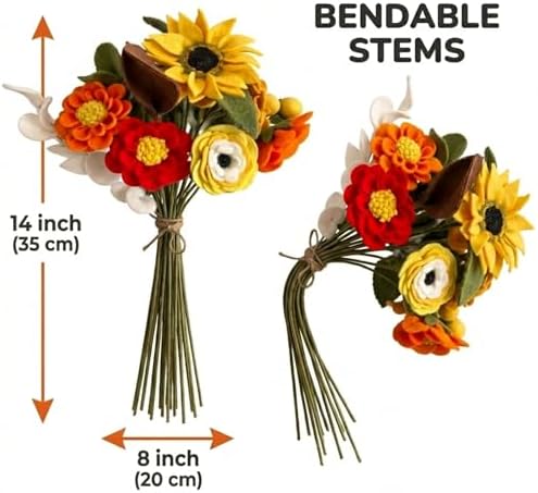 Glaciart One Wool Felt Flowers Set – Handcrafted Artificial Arrangement with Colorful Stems, Eco-Friendly Material, Essential Oil Ready, Reusable Decor, Washable Gift for Events or Home