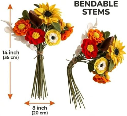 Glaciart One Wool Felt Flowers Set – Handcrafted Artificial Arrangement with Colorful Stems, Eco-Friendly Material, Essential Oil Ready, Reusable Decor, Washable Gift for Events or Home