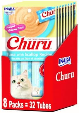 INABA Churu Lickable Purée Natural Cat Treats - Tuna with Scallop Recipe (4 Servings per Package, 8 Packages) (32 Tubes)