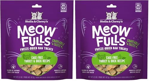 Stella & Chewy's Meowfulls Freeze Dried Cat Treats - Turkey & Duck Recipe - Raw Protein with Probiotics-& Salmon Oil - 1 Calorie Per Treat - 1.5 oz,(Pack of 2)