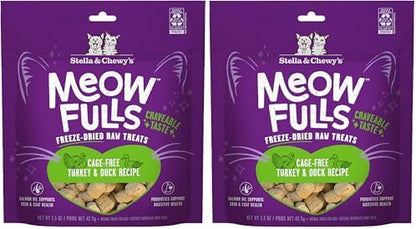 Stella & Chewy's Meowfulls Freeze Dried Cat Treats - Turkey & Duck Recipe - Raw Protein with Probiotics-& Salmon Oil - 1 Calorie Per Treat - 1.5 oz,(Pack of 2)