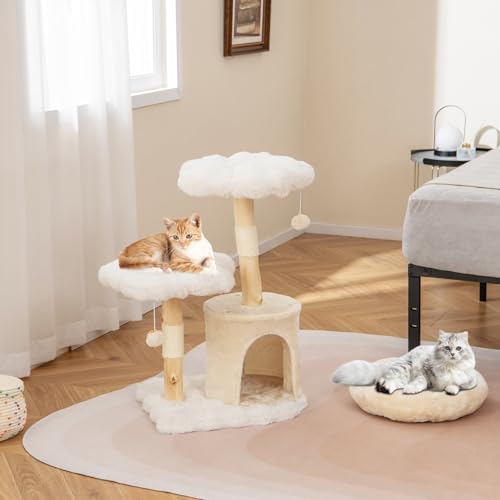 PETSITE 32 Inch Wood Cat Tree, Multi-Level Small Cute Cat Tree with Sisal Scratching Posts, Cat Condo, Soft Long Plush Covered Perches, and Dangling Balls