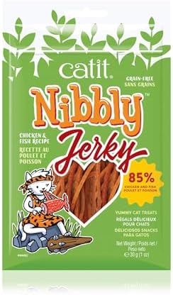 Catit Nibbly Jerky Cat Treats, Chicken & Fish Recipe, White, 1 oz