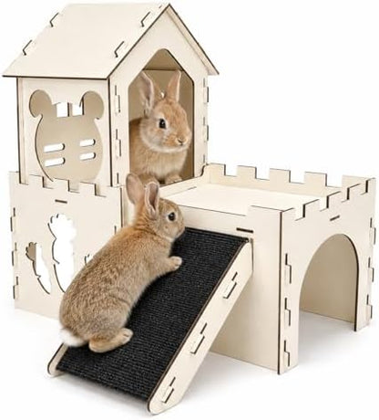 Large Bunny House and Hideouts, Wooden Dual-Layer Rabbit Castle with Stair, Sturdy Habitat for Guinea Pig Chinchilla Ferret (Extra Large-3 House with Anti-Slip Ramp)