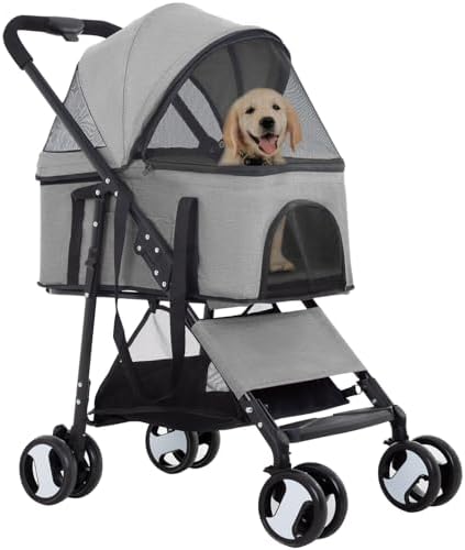 FDW 3 in 1 Multi-Function Dog Jogger with Detachable Carrier, Lightweight Travel Stroller for Small and Medium-Sized Pets (Grey, 4 Wheels)