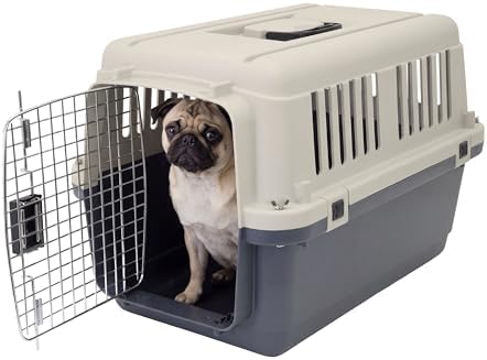 SportPet Airline Compliant SMALL 24" Travel Dog Kennel - Durable Plastic Airline Pet Carrier (No Wheels) & Food Bowls, Collapsible Indoor/Outdoor Dog Kennel, Dogs up to 21"L & 13"H - Cream/Gray