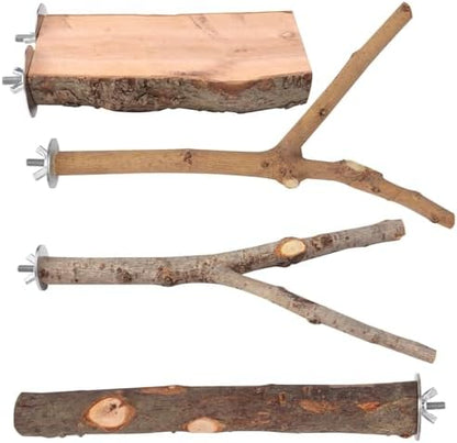 4 Pack Large Natural Wood Bird Perch Stand with Platform for Cage