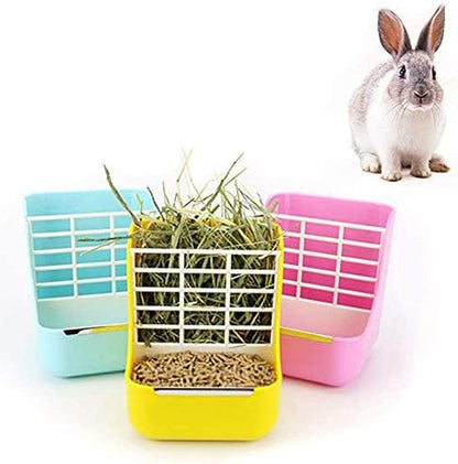 Rabbit Supplies with Bowl & Hay Feeder - Accessories for Bunnies & Guinea Pigs, 6x6x7 Inches (Blue)